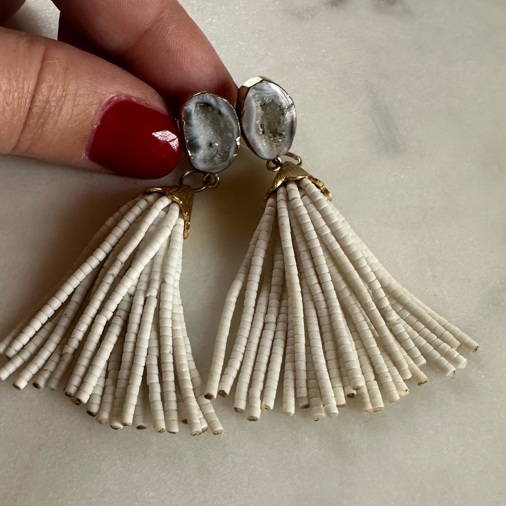 Elegant White Beaded Tassel Earrings